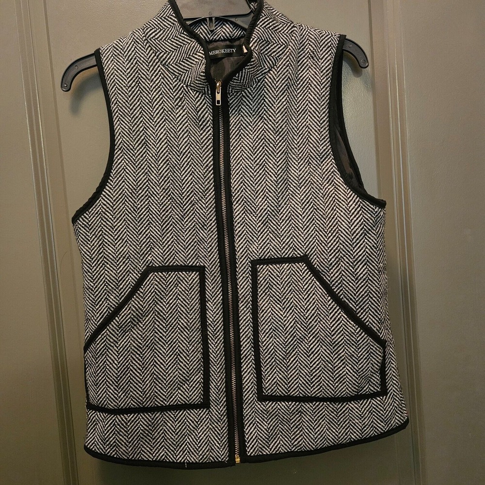 MEROKEE TY Herringbone Quilted Puffer Vest Black White Zip  Collar‎ Women S